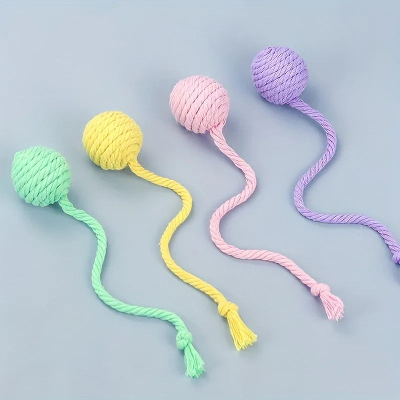 Green cat toy ball with a rope handle looped through it, shown next to a smaller pink version.