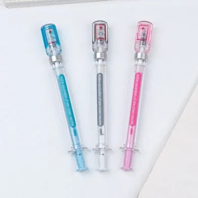 Vaccine design novelty gel pen with 0.5mm black refill, plastic construction, 15.7cm length