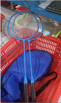 Blue and red alloy ultra-light split badminton rackets arranged as a complete pair set