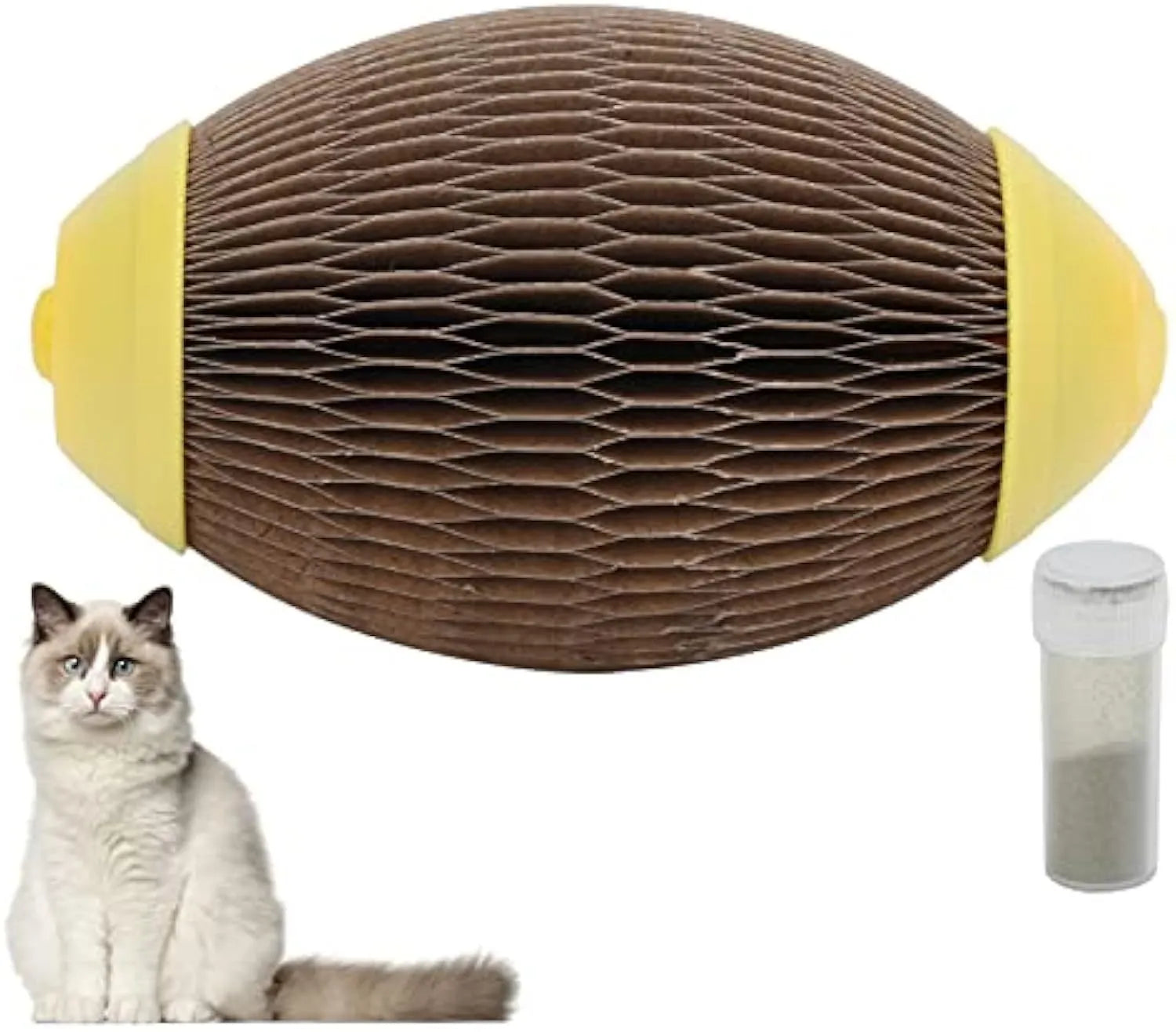 Ellipse-shaped catnip scratch ball toy made from recycled corrugated paper for feline exercise and play