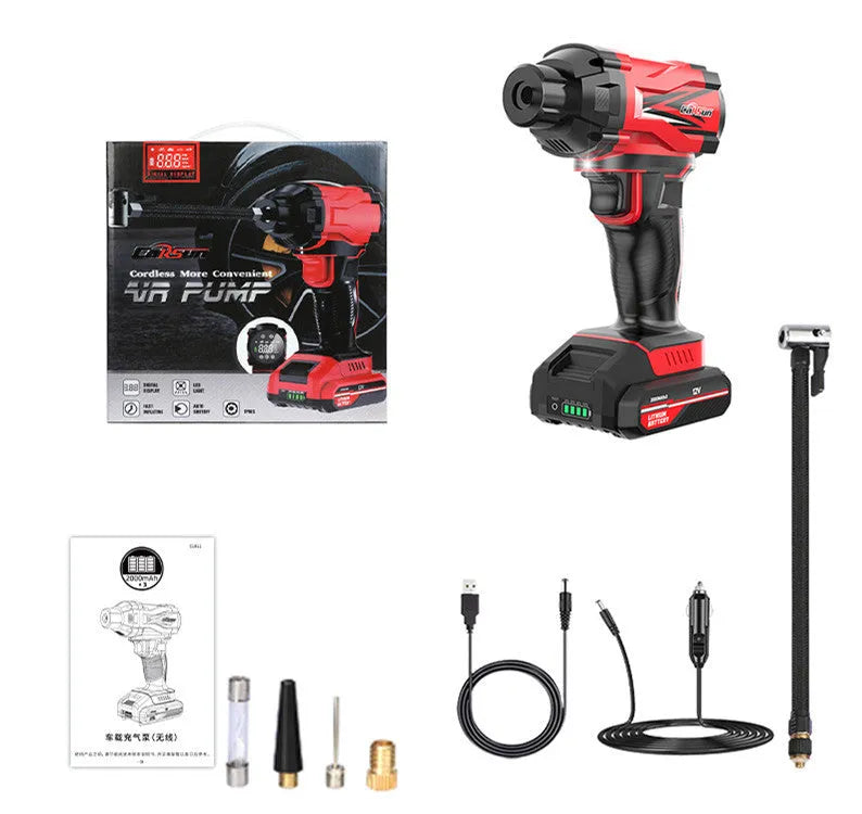Red and black portable car air pump with digital display, power cable, and set of inflation nozzles on a grey background.
