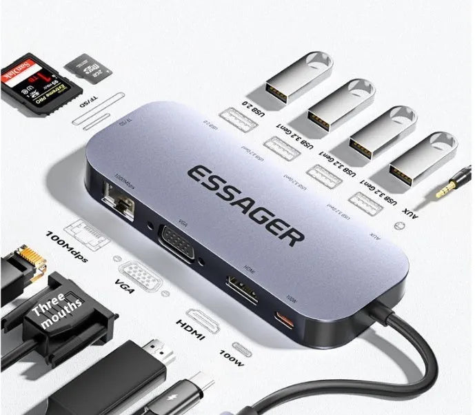 11-in-1 USB-C expansion docking station with Gigabit Ethernet port and a 20cm attached cable
