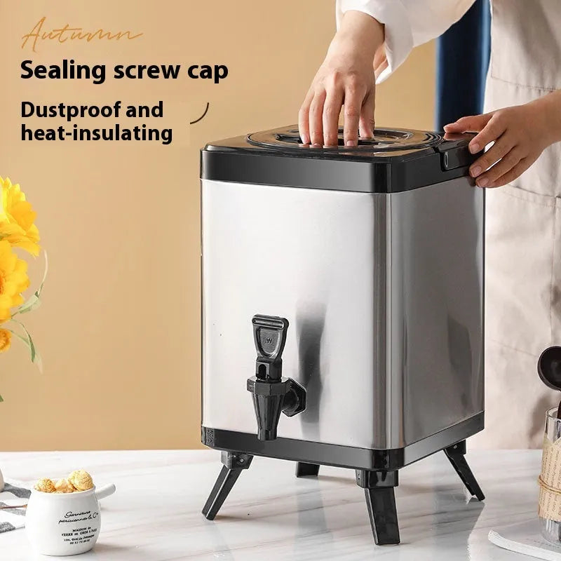 Silver stainless steel milk tea bucket with square lock lid showing 8L capacity for commercial beverage storage