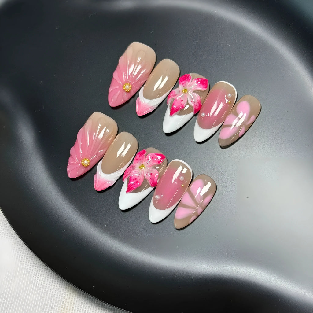 French style manicure set with three-dimensional lily and fluid ice flower plastic decorations