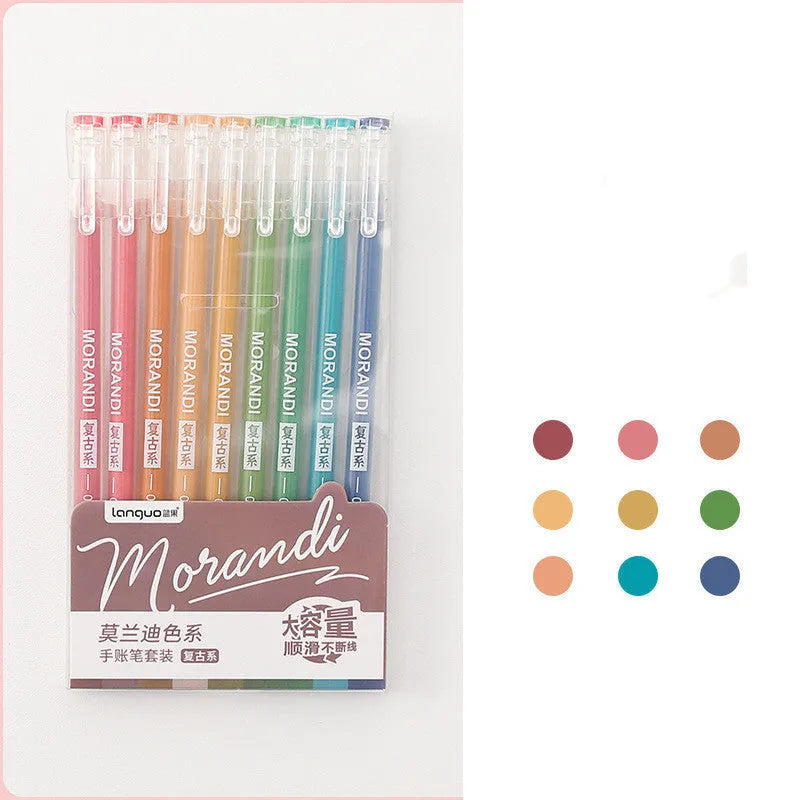 Retro gel pen set with nine 0.5mm needle tip pens in a plastic case, showing colour theme options.