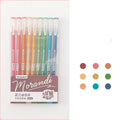 Retro gel pen set with nine 0.5mm needle tip pens in a plastic case, showing colour theme options.