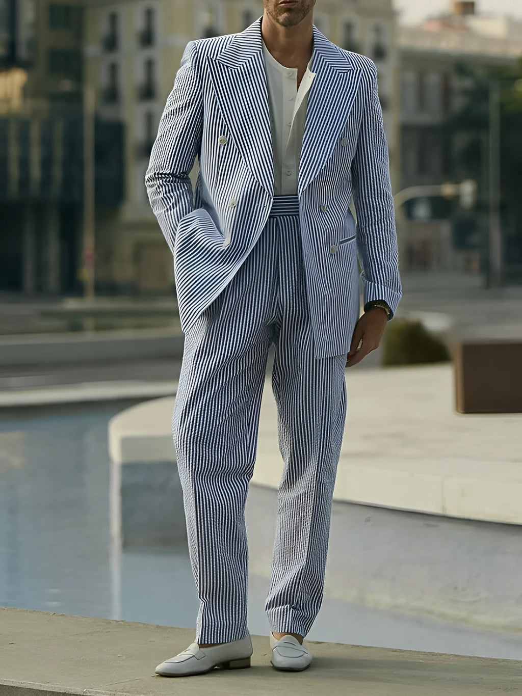 Blue and white striped men's suit set with blazer and trousers on a mannequin