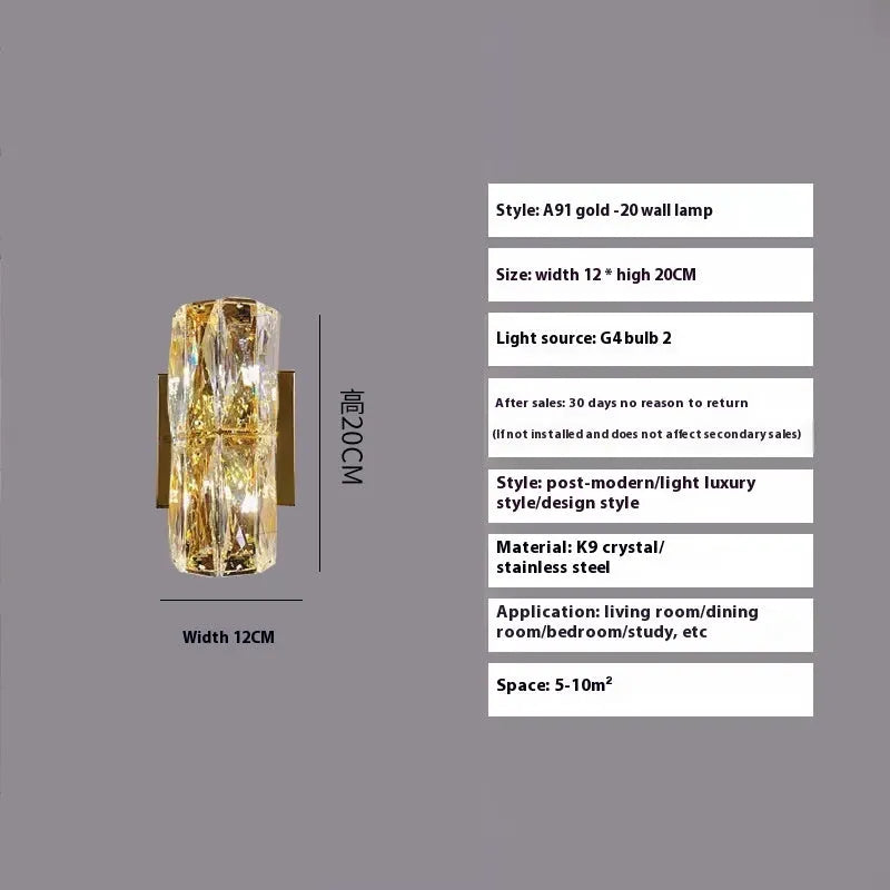 Crystal LED wall lamp with stainless steel frame in chrome finish showing tri-colour lighting
