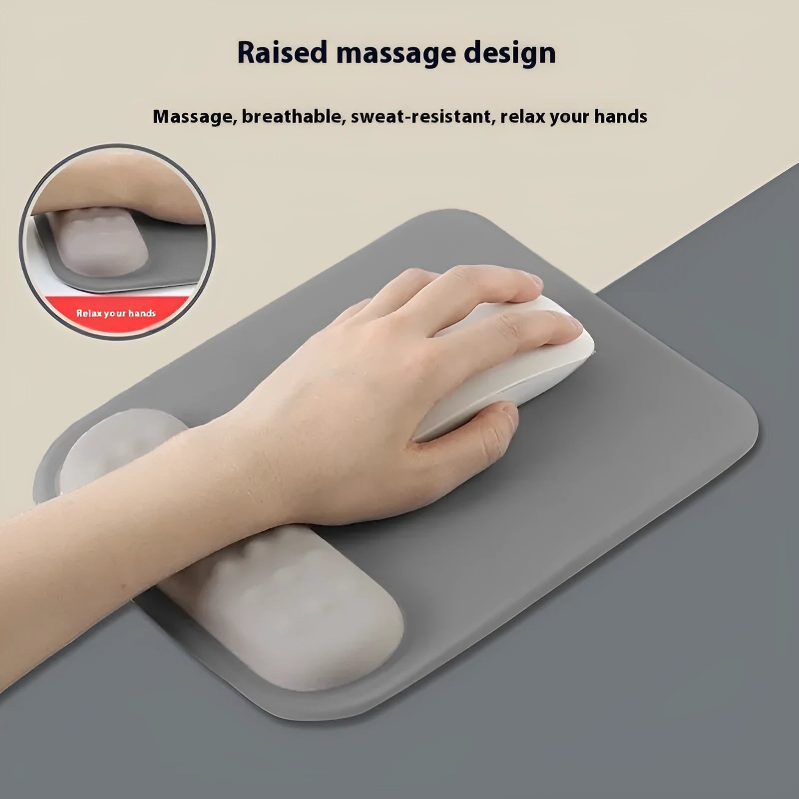 Ergonomic mouse pad with raised wrist support in cloth silicone material showing colour options