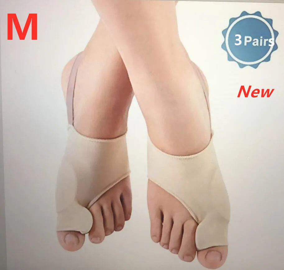 Pair of beige corrective toe socks with a clear silicone gel bunion pad and toe separator.