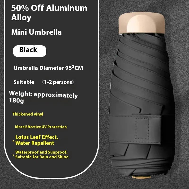 Closed five-fold manual umbrella showing one of eight colour options: beige, black, blue, dark green, navy blue, pink, yellow, or purple.