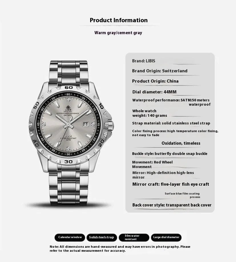 Men's silver case quartz watch with luminous hands and stainless steel strap