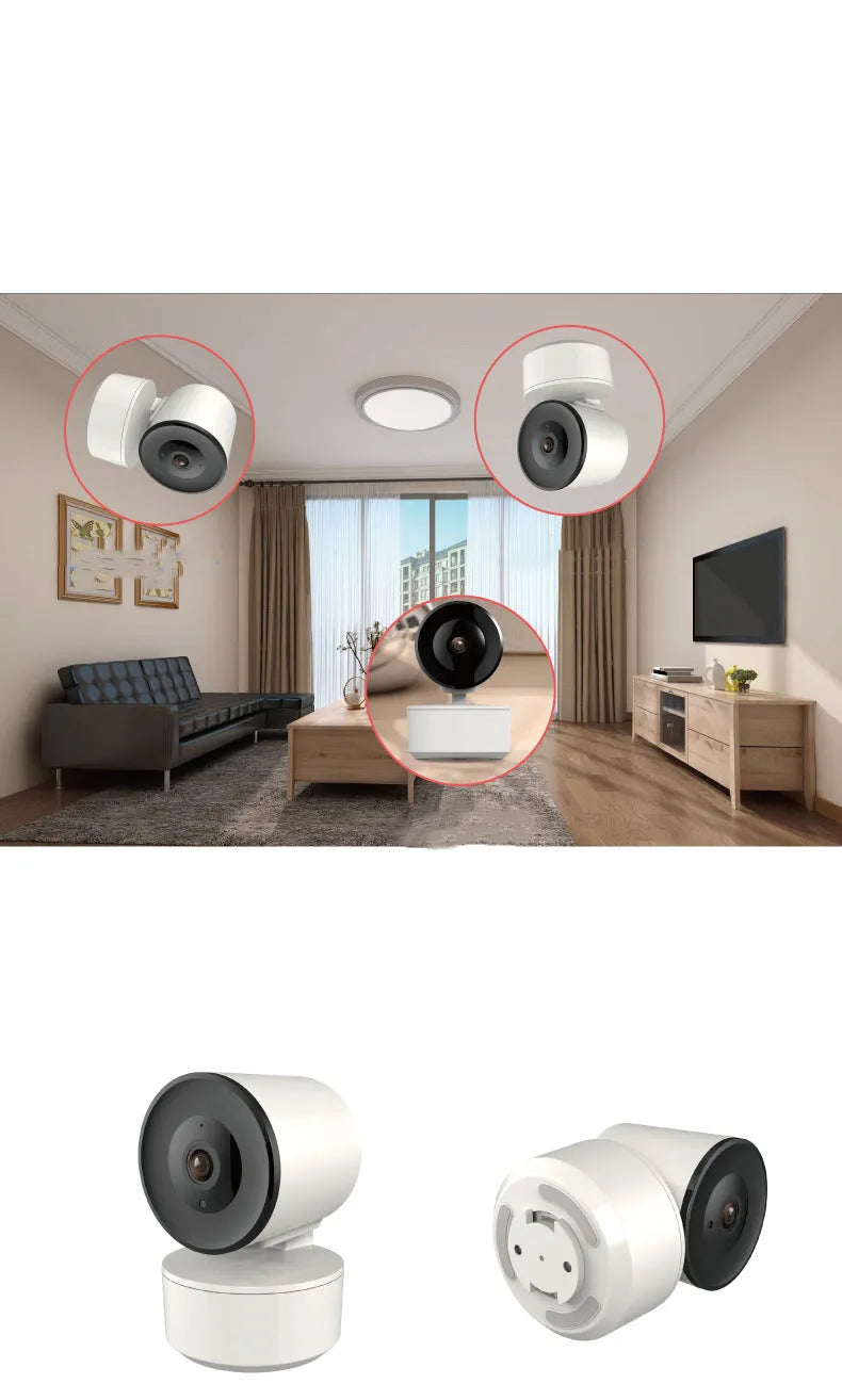 Indoor WiFi security camera with pan and tilt function on a desktop.