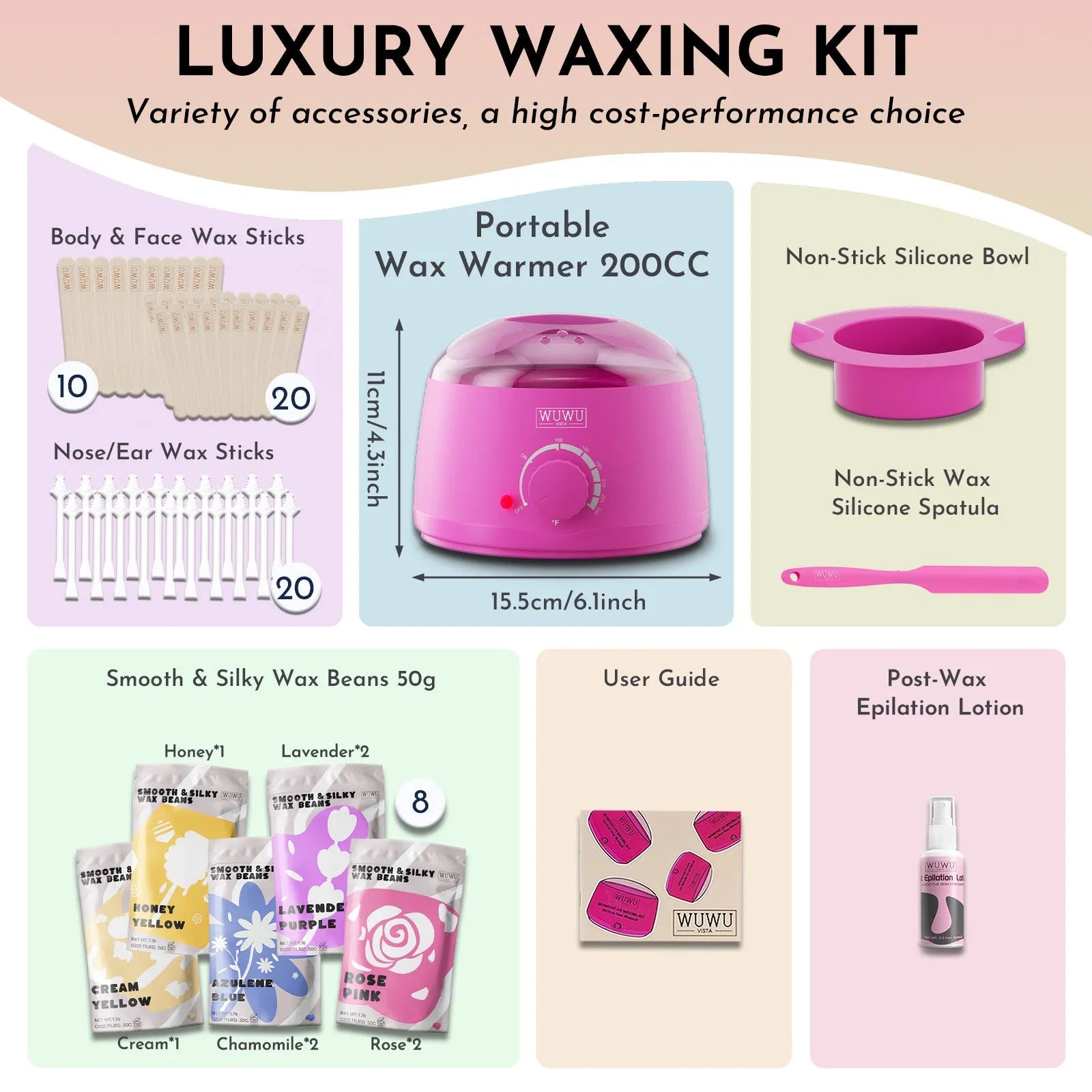 WUWUVISTA 63-piece waxing kit with black wax warmer, wax beads, applicator sticks and aftercare products