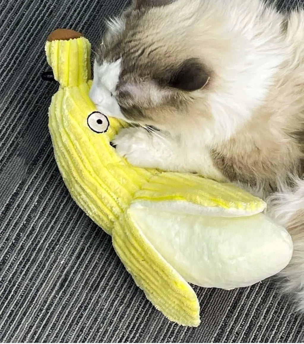 Yellow banana-shaped plush cat toy with crinkle sound and catnip filling