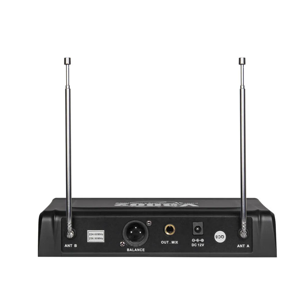 V-3002 black dual wireless microphone system with two handheld mics and transmitter unit