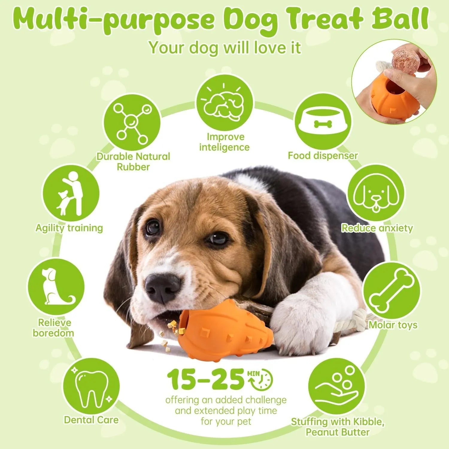 A natural rubber stuffable dog toy for small to medium breeds, shown with a hollow centre for treats.