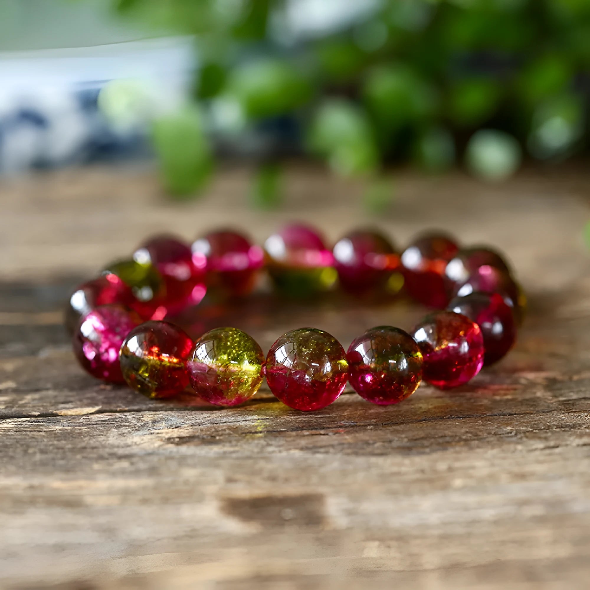 Women's watermelon crystal bracelet showing pink and green natural stone beads in selected size on wrist