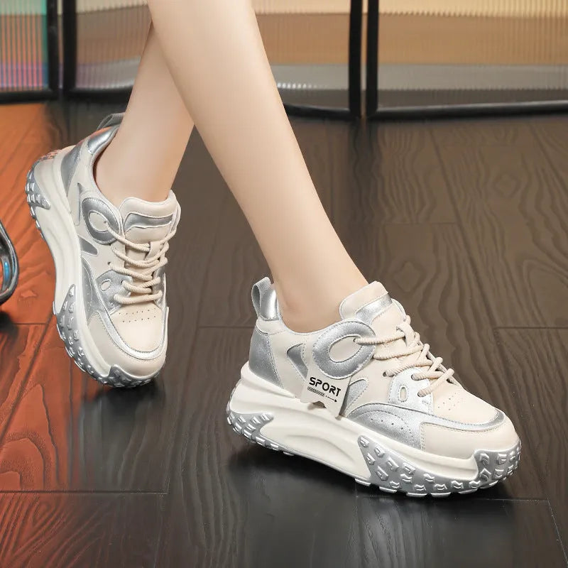 Women's leather casual shoes with thick wedge soles and front lace-up in multiple colour options.