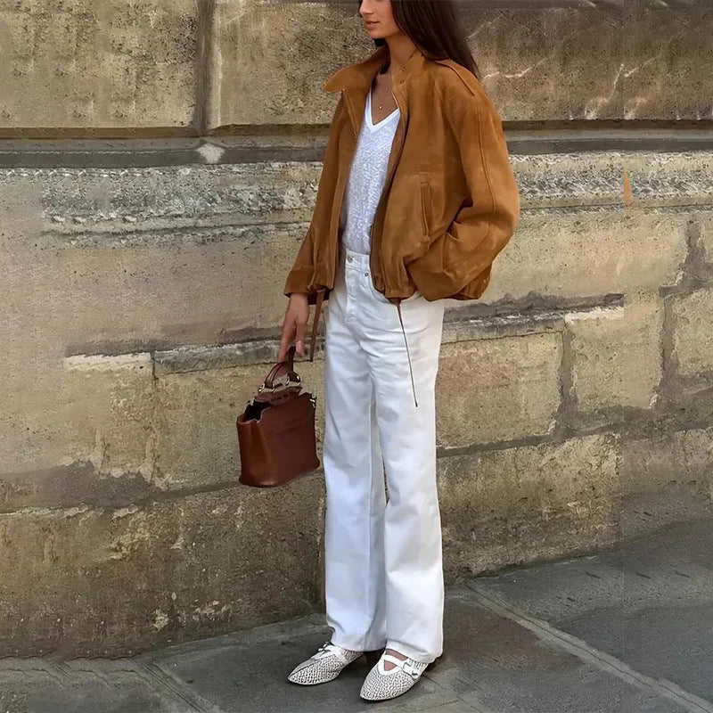 European and American retro loose-fit solid colour polyester jacket with long sleeves