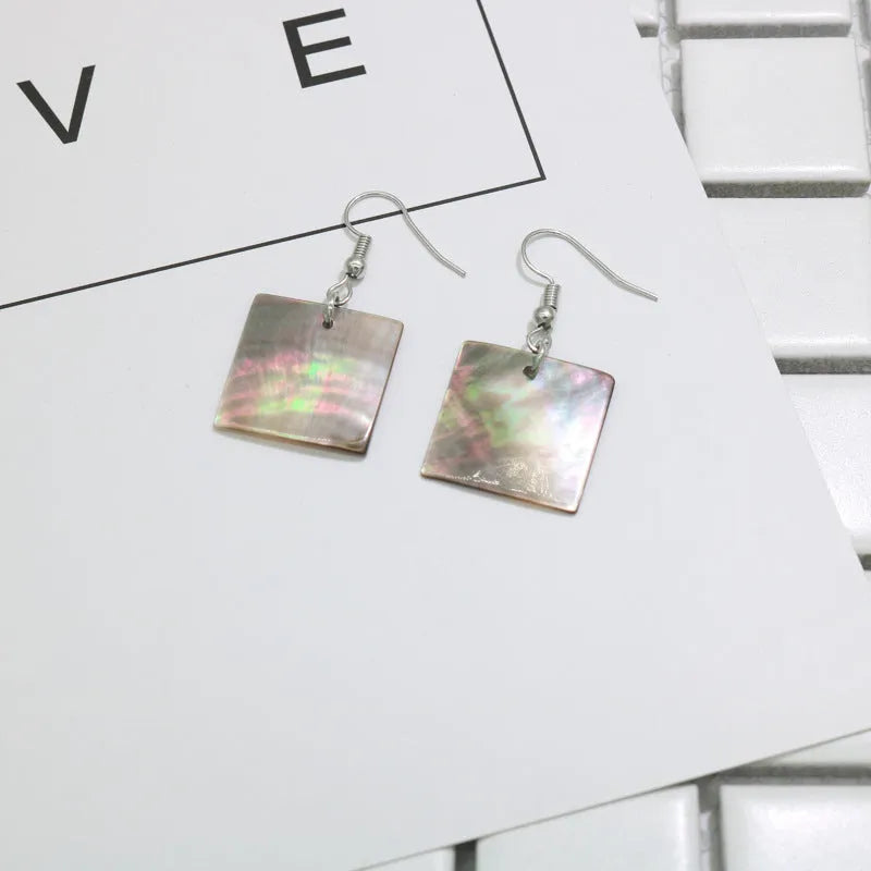 Geometric shell earrings with natural retro styling in square panther or rectangular shell colour options