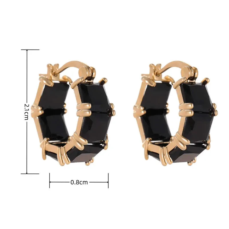 Geometric U-shaped women's earrings with round crystal zirconium stones in gold electroplated copper setting