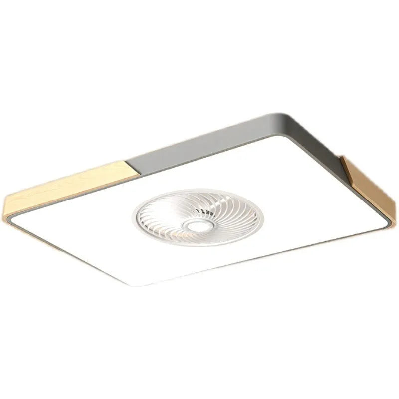 Nordic ceiling fan and light combination fixture with solid wood base in rectangular, round, or square options
