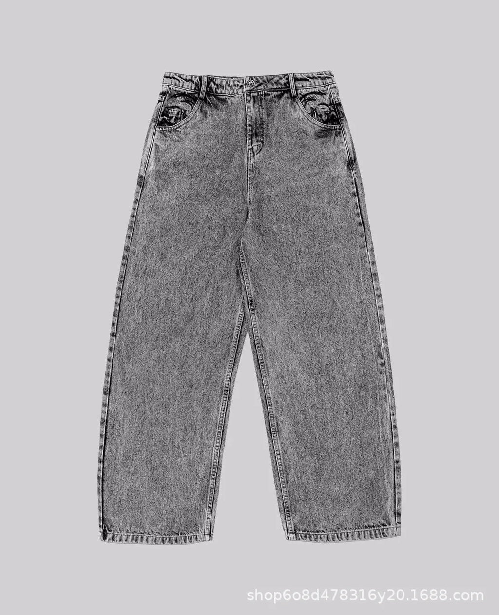 Grey loose straight-leg denim trousers for men and women on a hanger
