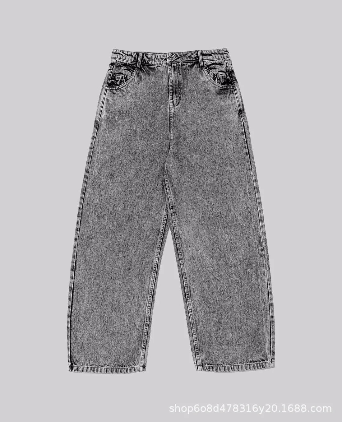 Grey loose straight-leg denim trousers for men and women on a hanger