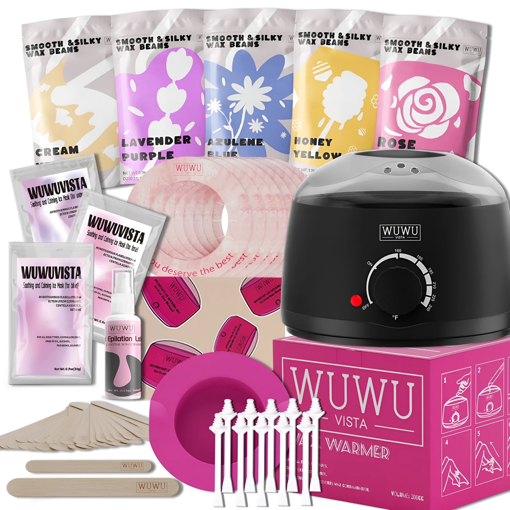 52-piece professional waxing kit showing hard wax beans, wax warmer, application sticks, post-care lotion and ice masks for sensitive skin hair removal.