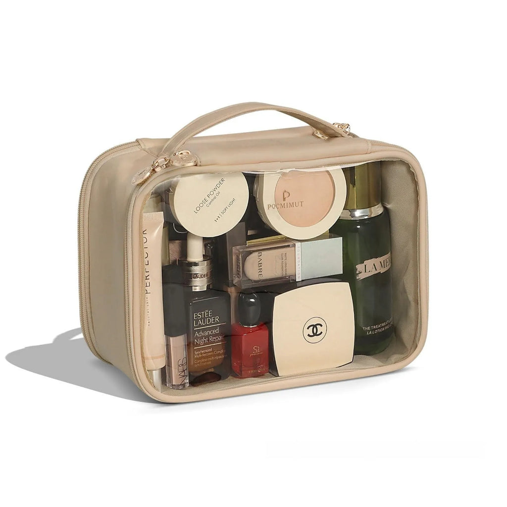 Transparent PVC cosmetic bag with waterproof lining showing dry wet separation compartments