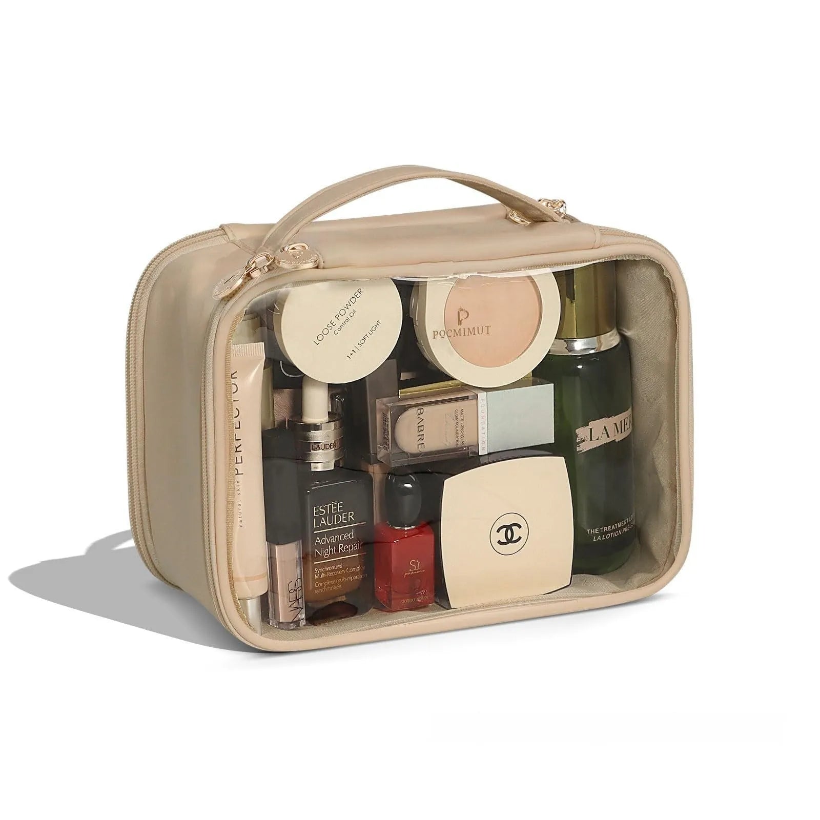 Transparent PVC cosmetic bag with waterproof lining showing dry wet separation compartments