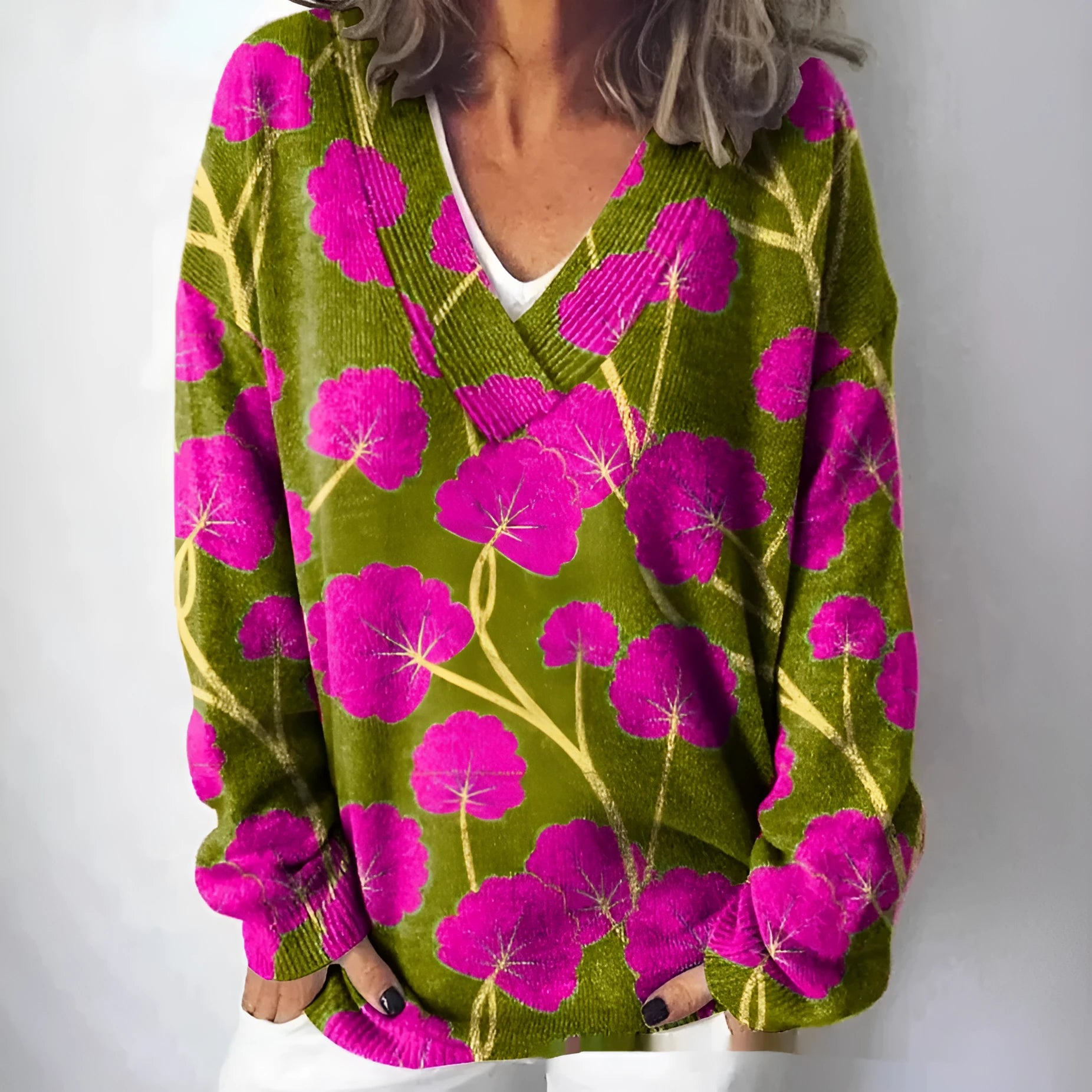 Women's V-neck floral print sweatshirt with 3D pattern and long sleeves