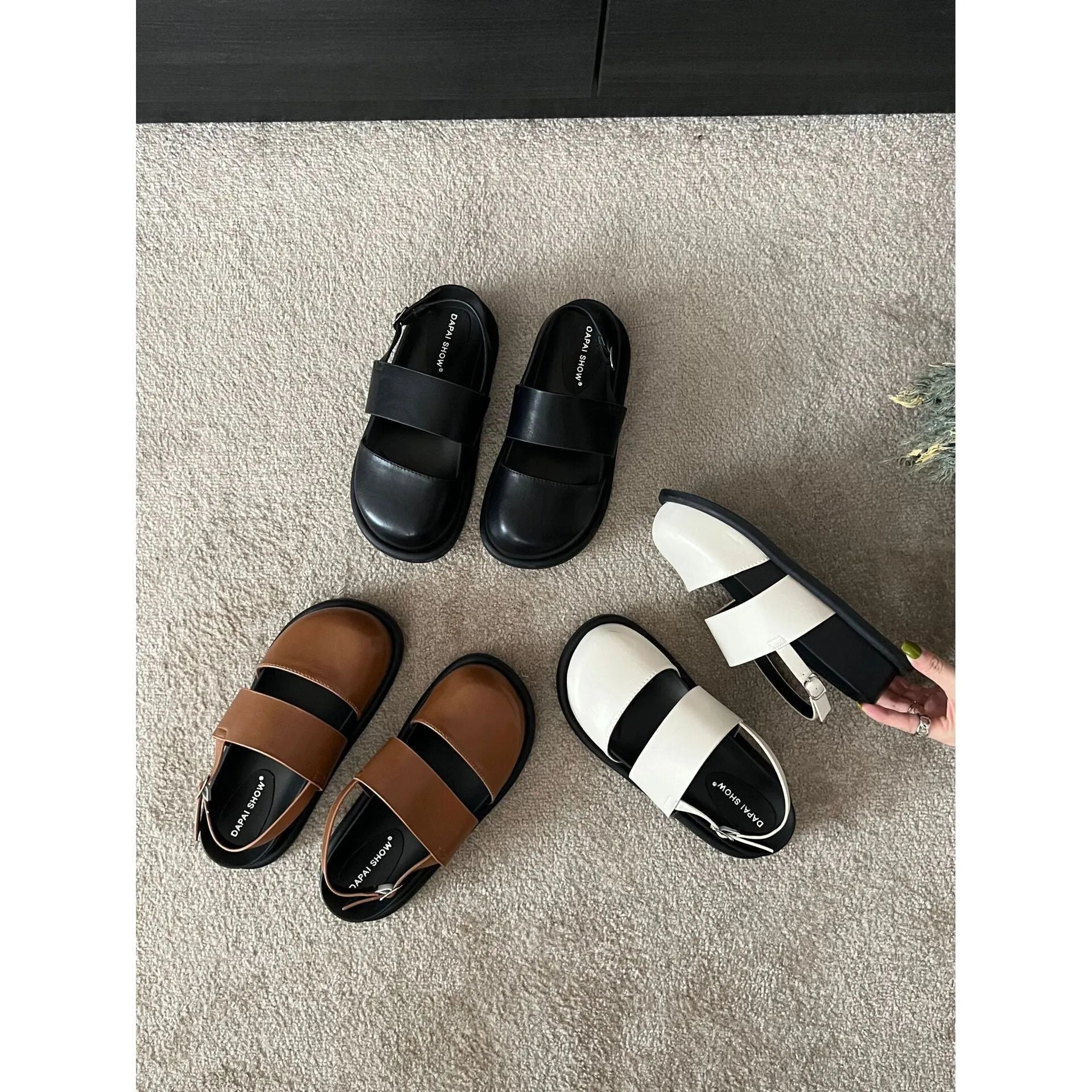 Retro women's closed toe sandals with an adjustable ankle buckle strap in apricot colour.