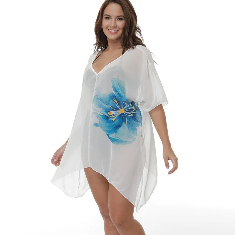 White plus size beach cover-up blouse with loose fit for sun protection during swimming