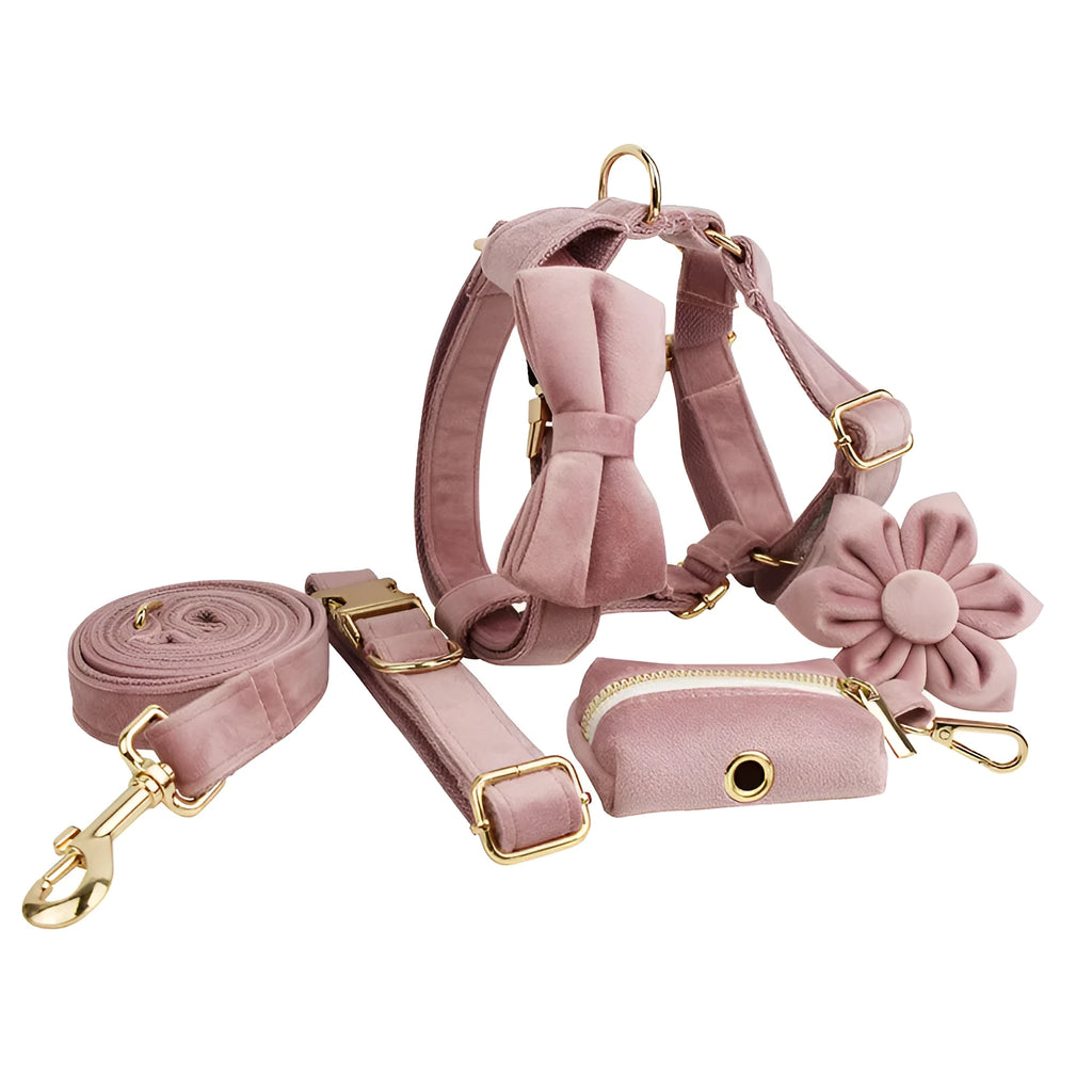 Light purple cloth dog collar set with various pet accessories including leash and vest components