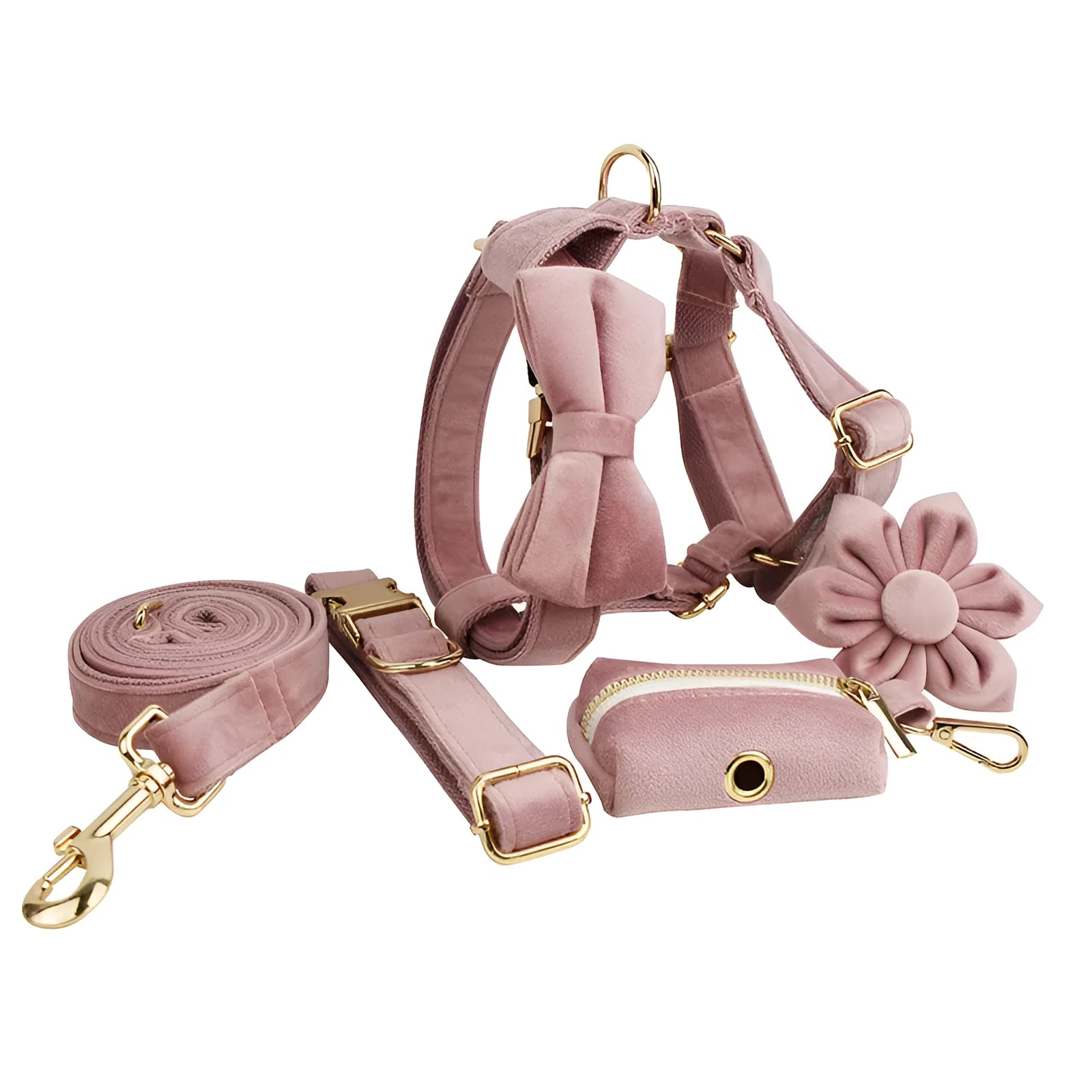 Light purple cloth dog collar set with various pet accessories including leash and vest components