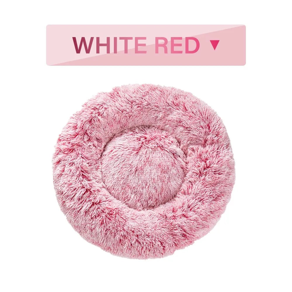 Fluffy grey donut dog bed with raised rim, shown with a small dog sleeping inside.