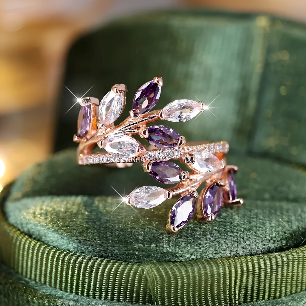 Adjustable copper ring with horse eye zircon leaf design in rose gold sapphire blue colour