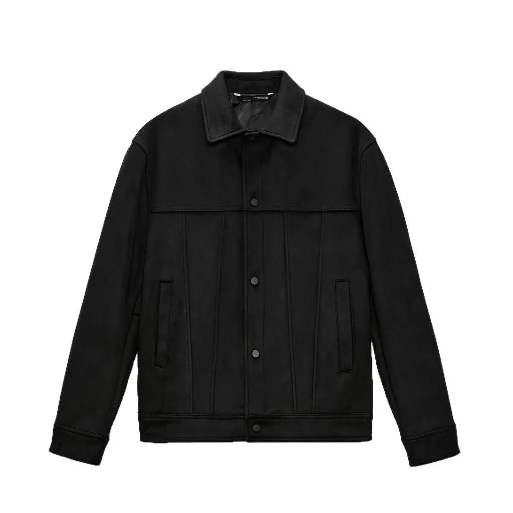Black men's hooded jacket with a suede collar and side pockets, shown on a hanger.