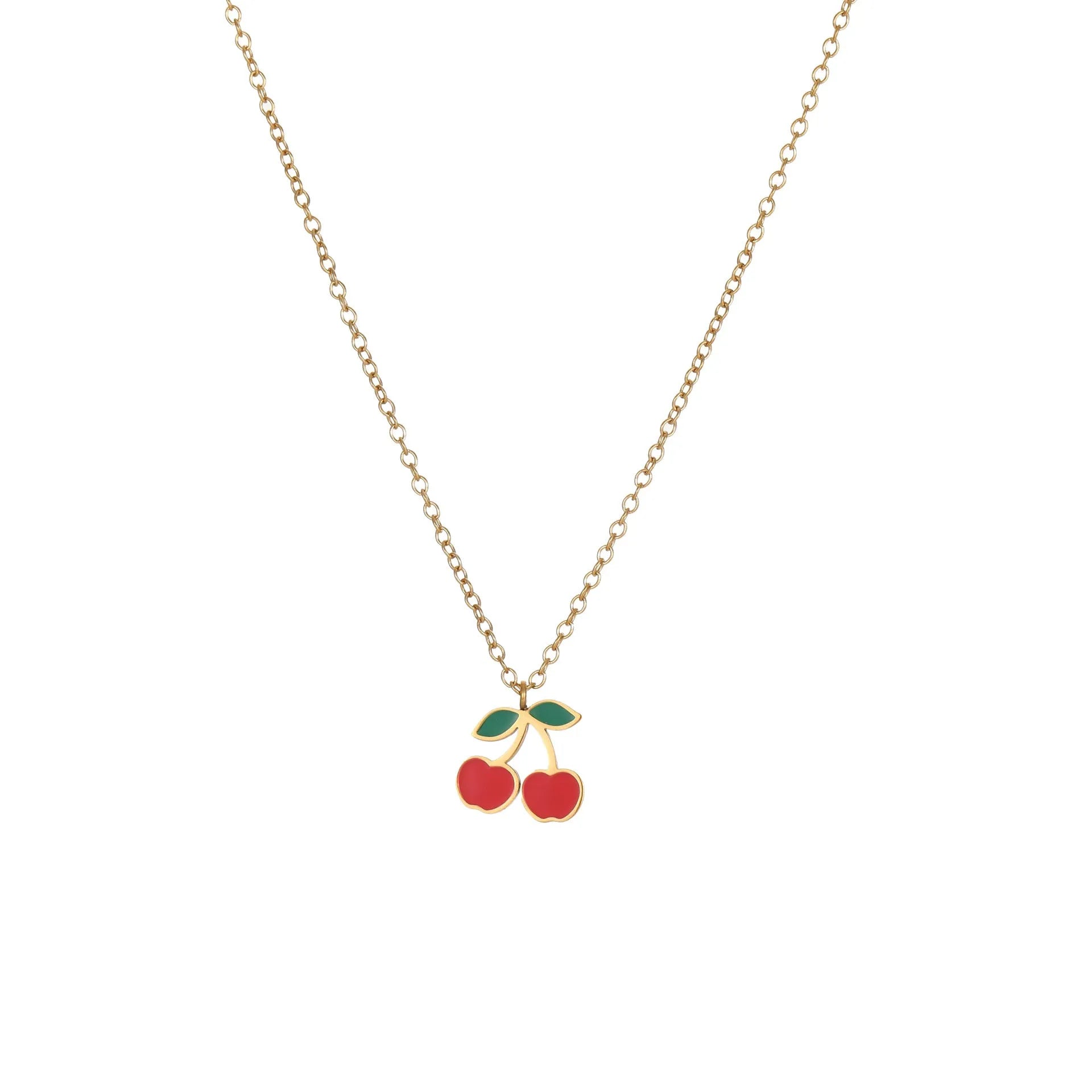 Four-piece cherry jewellery set with necklace, bracelet, earrings and ring in stainless steel with gold-toned finish