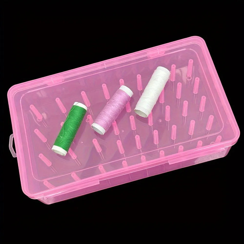 42-compartment plastic storage box for embroidery thread organisation in transparent, pink, or blue colours