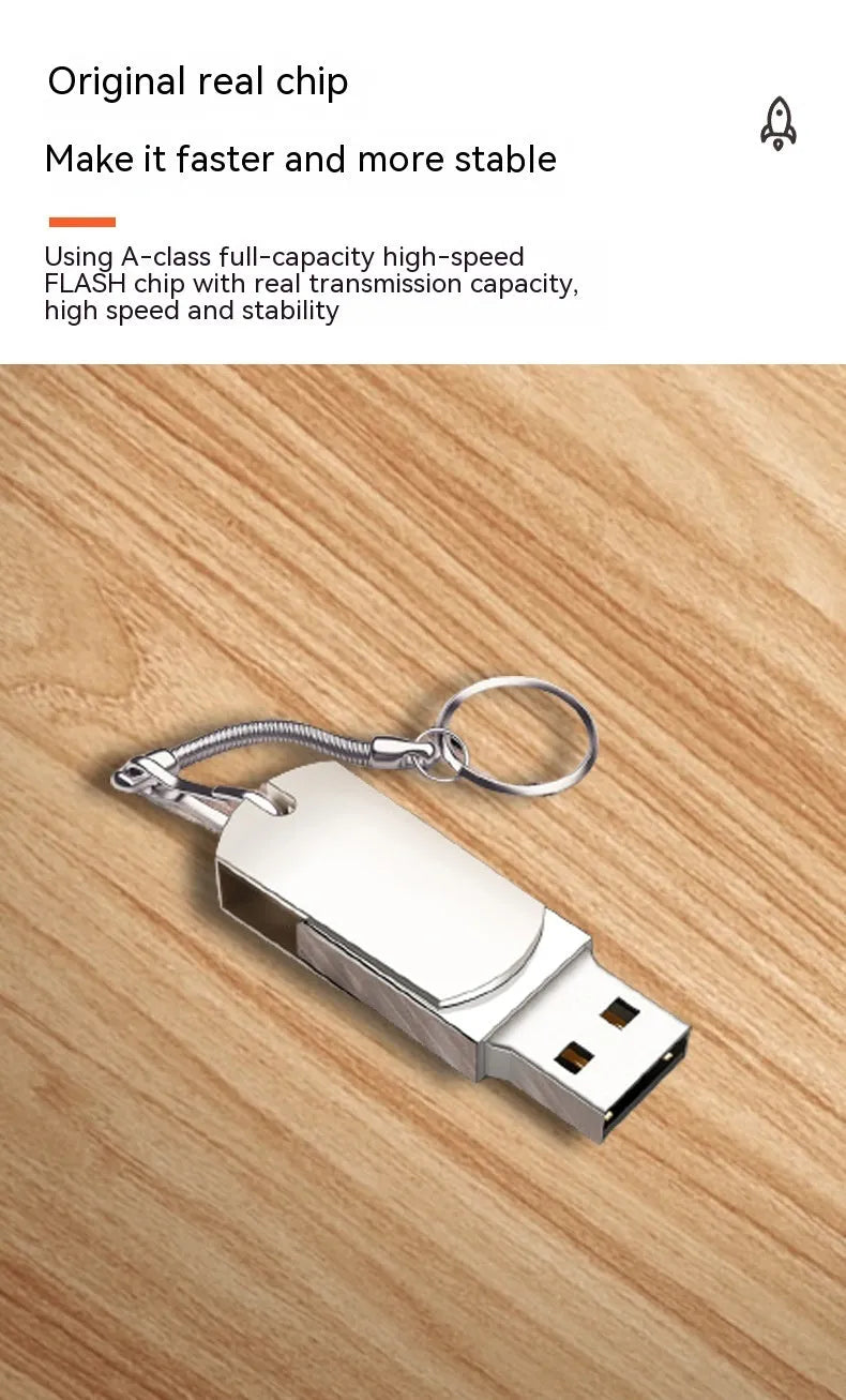 White rotating metal USB 3.0 flash drive in compact small fat design on a grey background.