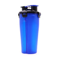 Portable dog water bottle and food storage container in assorted colours showing water and food compartments