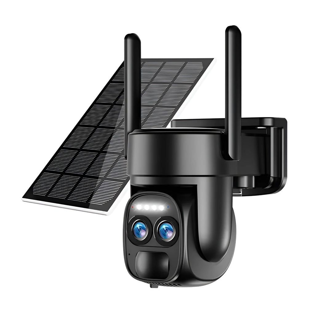 Solar panel security camera with 8x zoom lens for outdoor home monitoring