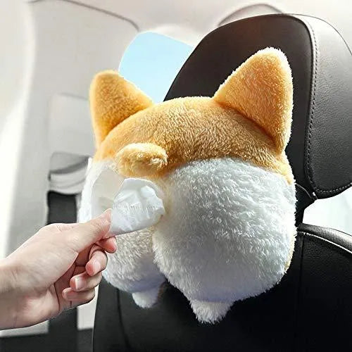 Yellow soft plush Corgi butt shaped tissue box cover with elastic strap for car visor.