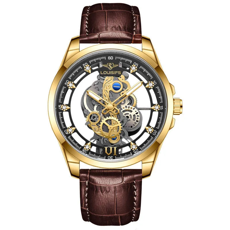 Swiss quartz men's business watch with double-sided hollow design showing gold case and brown leather strap
