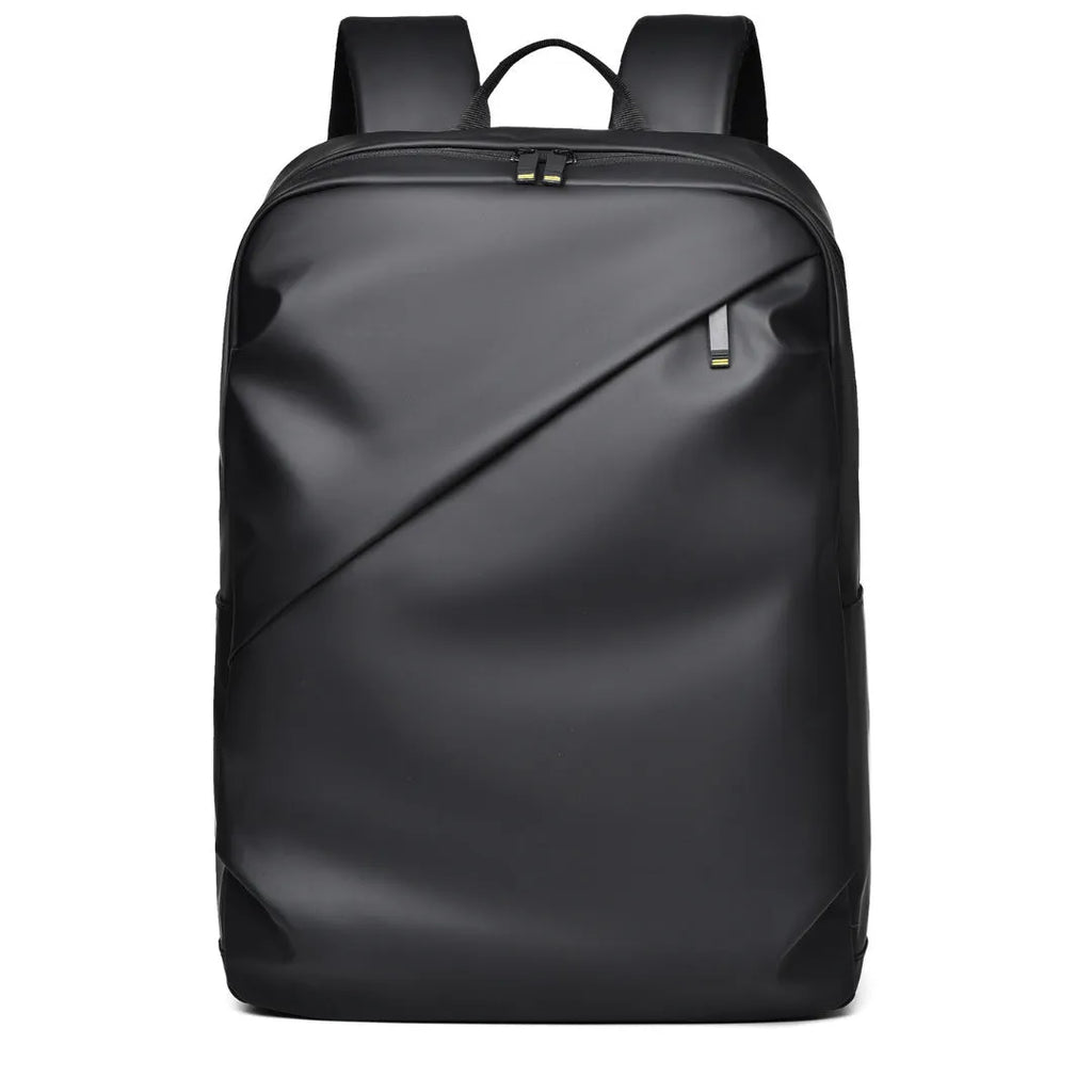 Waterproof PU leather backpack with sewing thread details in black, blue, and grey colour options