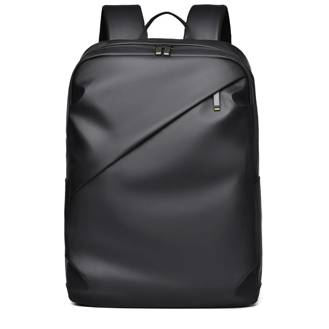 Waterproof PU leather backpack with sewing thread details in black, blue, and grey colour options