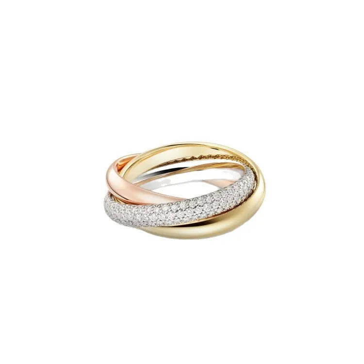Set of three geometric silver men's rings with full diamond detailing on a U-shaped band.